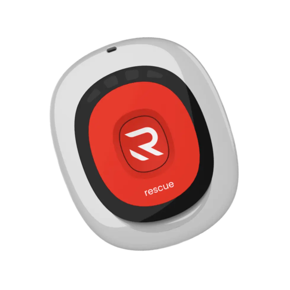 One sleek red and grey wearable panic button.